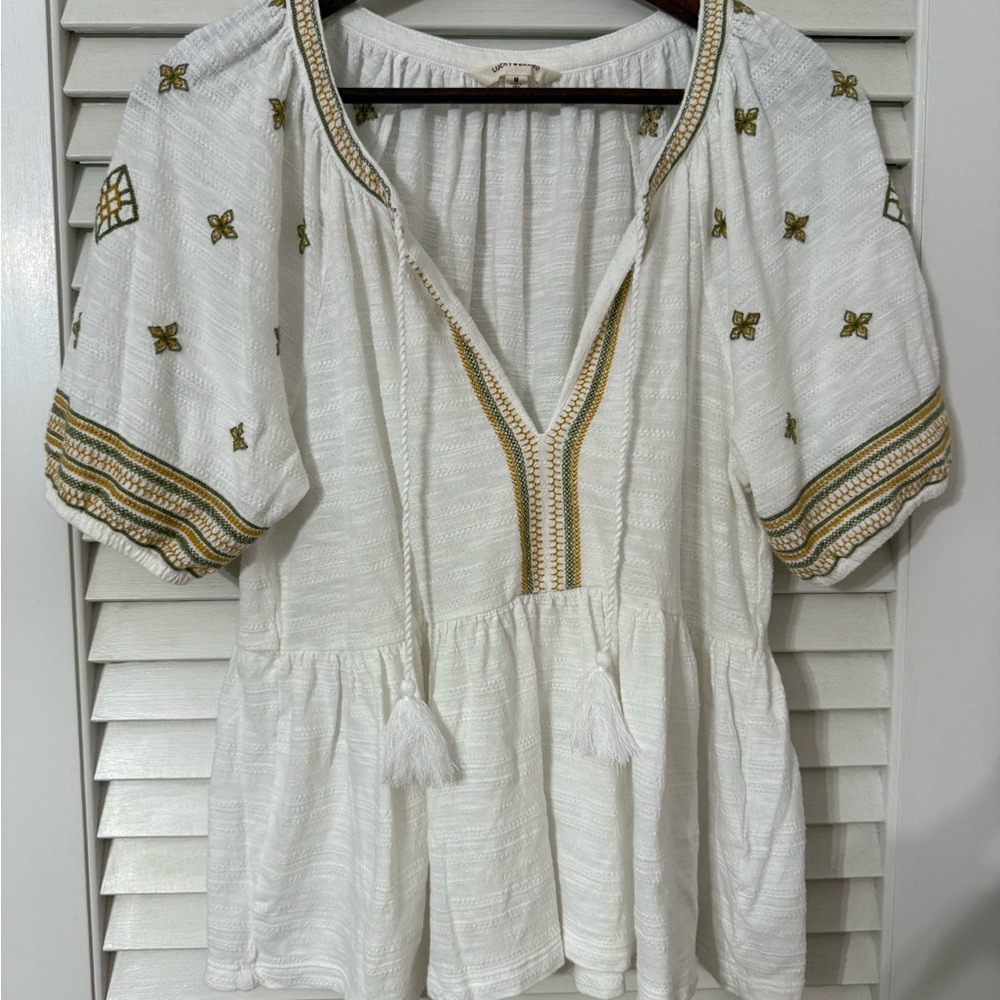 Lucky Brand White Peplum Blouse with Green and Gold Embroidery